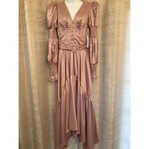 Rosevelvet Pink Satin Leopard Print Midi Dress Size S Puff Sleeve Belted